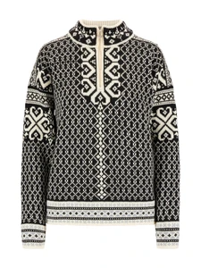 Dale of Norway - Leknes Women's 1/4 Zip Sweater: Coffee/Off White/Metal, 95921-R00_product
Photo Credits: Dale of Norway
Heavyweight mid-layer with Viking-inspired pattern elements. Retro Olympic sweater design with a medium-high neck and loose fit for sport or fashion.