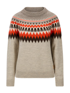 Dale of Norway - Losna Women's Crewneck Sweater: Birch Melange/Coffee/Orange (Roth Red), 96421-M00_product
Photo credits: Dale of Norway
A chunky wool Norwegian knit with zigzag Fair Isle pattern.