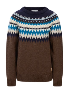 Dale of Norway - Losna Men's Crewneck Sweater: Coffee/Navy/Arctic Blue, 964211-M01_Product
Photo credits:Dale of Norway
A heavyweight Norwegian wool sweater with zigzag Fair Isle-inspired Nordic pattern and crew neck design.