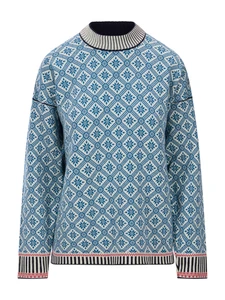 Dale of Norway - Langoy Women's Crewneck Sweater: Arctic Blue/Off White/Navy, 96341-H00_Product
Photo Credits: Dale of Norway
Features a traditional Norwegian eight-petal rose pattern, soft merino wool construction, relaxed oversized fit, and authentic Scandinavian knitwear craftsmanship.