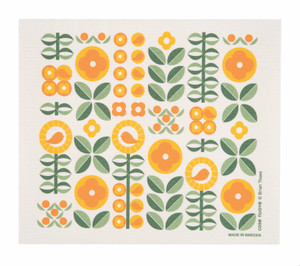 Swedish Drying Mat - Flower Stand (220.15) 
Photo credits: Cose Nuove
Drying mat with a botanical pattern of geometric flowers printed in shades of green, orange, and yellow.
