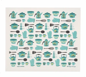 Swedish Drying Mat - MK Retro Kitchn (220.17)
Photo credits: Cose Nuove
Drying mat with a graphic pattern of retro kitchenware items in aqua/teal and black. Coffee pot, dutch oven, wooden spoon, spatula, measuring cups, oven mitt, mixing bowl, teapot, sauce pan.