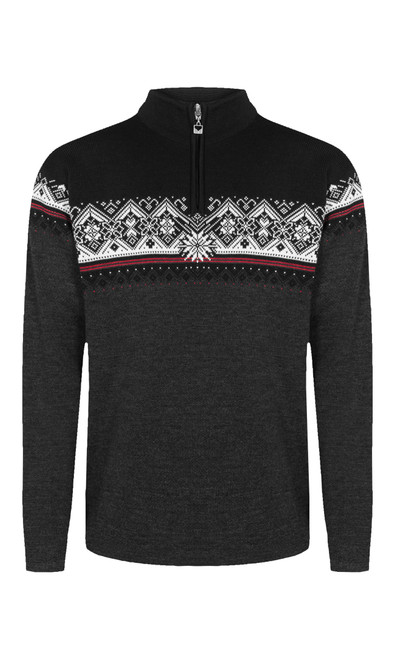 Dale of Norway Moritz Men's 1/4 Zip Sweater, Dark Charcoal/Black/Off White, 91391-E_product
Photo credits: Dale of Norway
double layer knit merino wool with medium high collar and J-sleeves. 2003 World Ski Championship sweater design for the Norwegian Ski Team