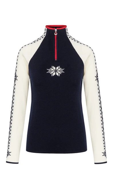 Dale of Norway - Geilo Women's 1/4 Zip Sweater: Navy/Off White/Raspberry, 82311-C00_product
Photo credits: Dale of Norway
Merino wool sweater with raglan sleeves. A lightweight midlayer in comfortable ribbed knit