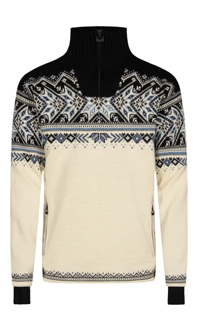 Dale of Norway Vail Men's Windproof Sweater - Off White/Midnight Navy/Blue Shadow, 93981-A00_product
Photo Credits: Dale of Norway
Heavy knit outer layer sweater with windproof lining, high neck, and storm cuffs.
