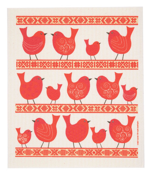 Swedish Dish cloth - Birds and Folk Ribbon Red