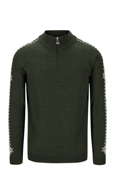 Dale of Norway - Geilo Men's 1/4 Zip Sweater: Dark Green/Off White, 95041-N
Photo credits: Dale of Norway
medium high neck with raglan sleeves and ribbed knit construction. Norwegian eight-petal rose pattern along the sleeves.