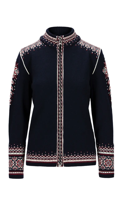 Dale of Norway 140th Anniversary Women's Cardigan - Navy/Red Rose/Off White, 83481-H_product
Photo Credits: Dale of Norway
A medium-weight mid-layer with a full-length 2-way zipper. Intricate details and hidden design elements featured on the back, with a medium-high neck lined in skin-soft fleece.