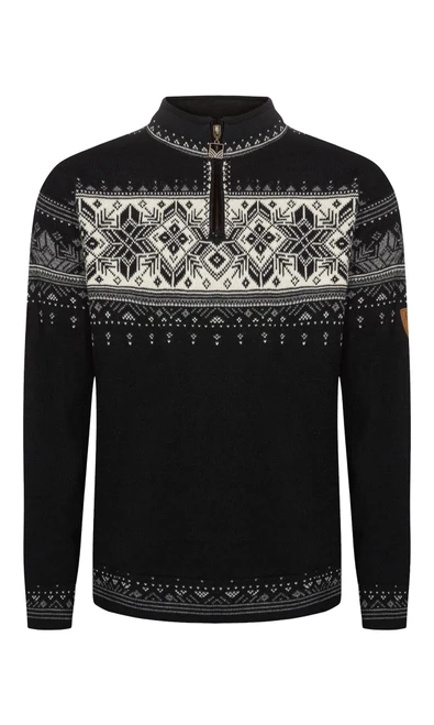 Dale of Norway Blyfjell Unisex 1/4 Zip Sweater, Black/Smoke/Off White, 95021-K00_product
photo: Dale of Norway
100% Norwegian wool mid layer sweater with medium high neck and t-sleeves