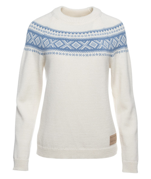 Dale of Norway - Vagsoy Women's Crewneck Sweater: Off White/Blue Shadow, 95381-A01_product
photo credits: Dale of Norway
Mid-layer, medium-weight sweater for sport or everyday. Yolk knit look with raglan sleeves and round neck in skin-soft merino wool