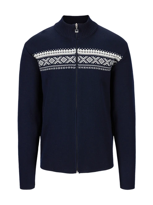Dale of Norway Dalestolen Men's Cardigan, Navy/Off White, 85611-C00_Product
Photo credits: Dale of Norway
Merino wool Full zip Cardigan with high neck and Olympic patterning