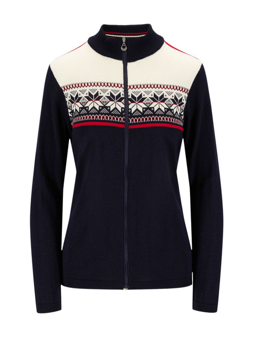 Dale of Norway - Liberg Women's Cardigan: Marine/Off White/Raspberry, 85761-C00_product
Photo credits: Dale of Norway
A merino wool cardigan with Norwegian eight-petal rose pattern and full length two-way zipper.