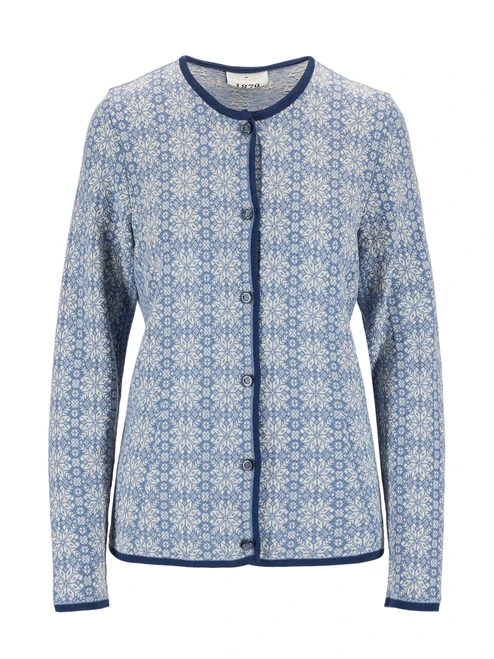Dale of Norway - Othelie Women's Cardigan: Blue Shadow/Off White/Indigo, 85681-D00_product
Photo credits: Dale of Norway
A lightweight mid-layer with a slim fit, a button-front closure, crew neckline, and an all-over eight-petal rose pattern