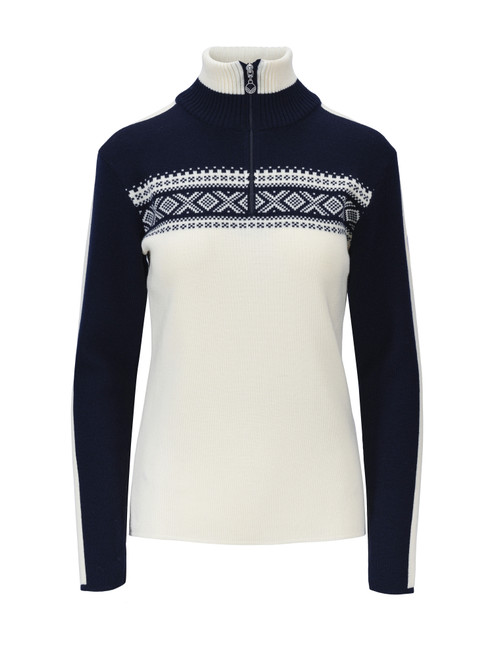Dale of Norway - Dystingen Women's 1/4 Zip Sweater: Off White/Navy, 95621-A00_Product
Photo Credits: Dale of Norway
A merino wool sweater with a 1/4 zip high neck and j-sleeve construction
