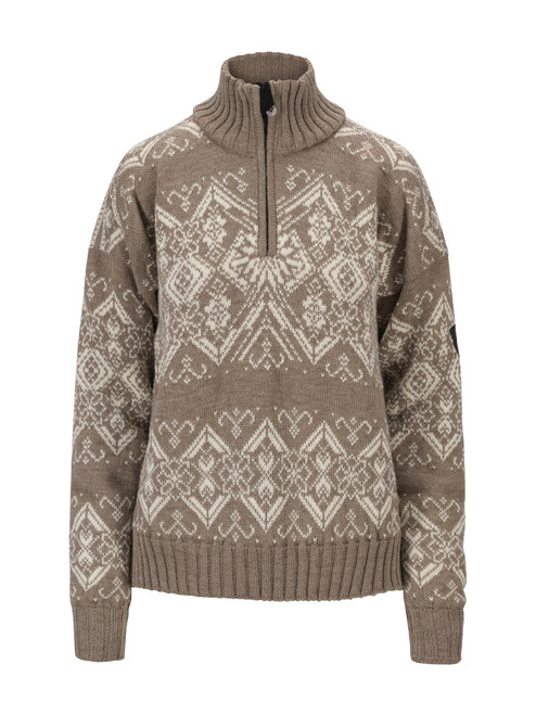 Dale of Norway - Roset Women's Windproof Sweater: Mountainstone/Off White, 96301-P00_Product
Photo Credits: Dale of Norway
Dale of Norway Roset women’s windproof quarter-zip sweater in Mountainstone and Off White with Norwegian patterning, side zippers, hidden pockets, and thumbhole cuffs, style 96301-P00.