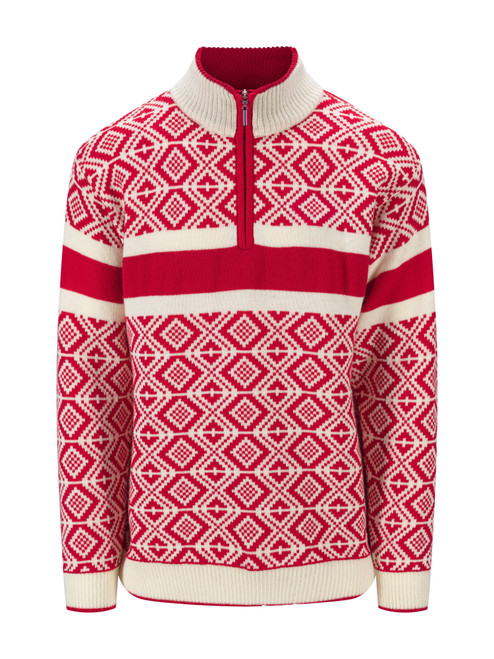 Dale of Norway - Team Norway Cortina 2026 Men's Sweater: Raspberry/Off White, 96251-B00_Product
Photo Credits: Dale of Norway
1/4 Zip sweater with high neck and t-sleeves. Norwegian wool and Merino wool. Designed for the Norwegian Team at the 2026 Milan Cortina Olympic Winter Games. Retro inspired design from the original Cortina 1956 Norwegian Olympic Sweater 