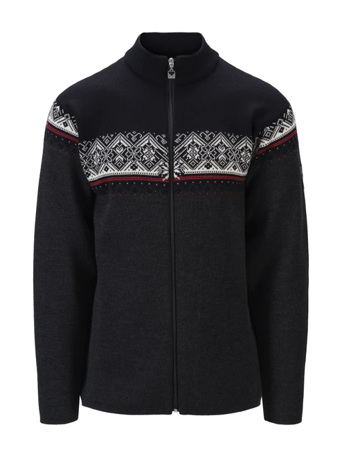 Dale of Norway - Moritz Men's Cardigan Sweater: Dark Charcoal/Black/Off White, 85851-E00_Product
Photo credits: Dale of Norway
Double layer merino wool comfort knit construction with full length zipper, medium high neck, and 2003 St. Moritz Olympic sweater pattern