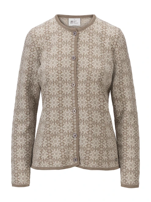 Dale of Norway - Othelie Women's Cardigan: Mountainstone/Off White, 85681-P00_Product
Photo credits: Dale of Norway
A lightweight mid-layer with a slim fit, a button-front closure, crew neckline, and an all-over eight-petal rose pattern