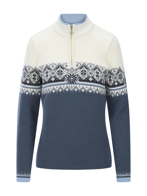 Dale of Norway - Moritz Women's 1/4 Zip Sweater: Steel/Off White/Navy, 91461-C04_product
Photo credits: Dale of Norway
Dale of Norway Moritz Women’s ¼ Zip merino wool sweater in Steel, Off White and Navy with Nordic ski-inspired pattern
