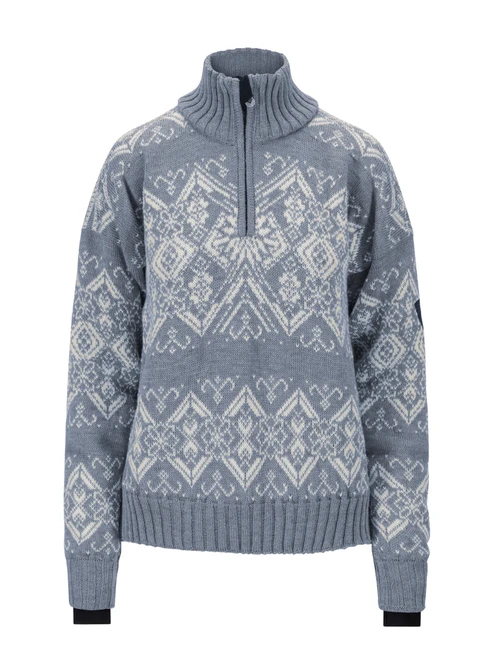 Dale of Norway - Roset Women's Windproof Sweater: Blue Shadow Melange/Off White, 96301-D00_product
Photo credits: Dale of Norway
features a 1/4 zip high neck, storm cuffs, 2-way side-seam zippers, interior pockets, and a windproof lining. 