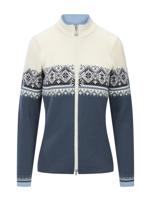 Dale of Norway - Moritz Women's Cardigan: Steel/Off White/Navy, 85941-C04_product
Photo credits: Dale of Norway
Dale of Norway Moritz women’s merino wool full zip cardigan in steel off white and navy with Nordic pattern