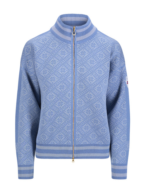 Dale of Norway - Dalarna Women's Cardigan: Blue Shadow/Metal, 85901-D00 _product
Photo credits: Dale of Norway
Dale of Norway Dalarna Women’s Cardigan Blue Shadow Metal, merino wool full zip Norwegian ski team sweater with subtle Nordic pattern