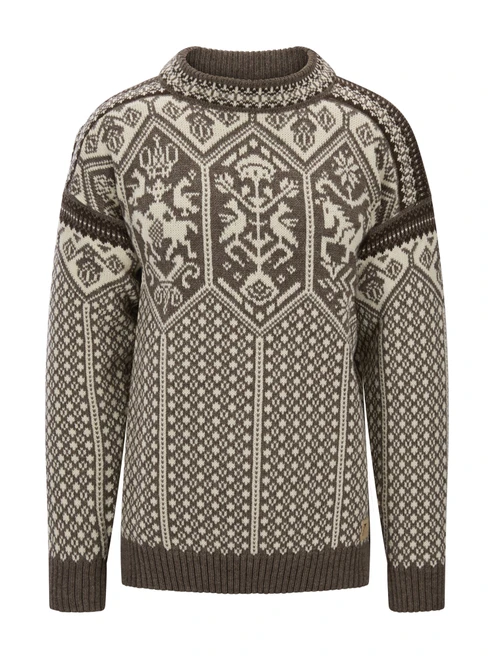Dale of Norway - 1994 Men's Crewneck Sweater: Nutmeg/Natural White/Vanilla Sugar, 95891-M00 _product
Photo credits: Dale of Norway
Dale of Norway 1994 Men’s Sweater in Nutmeg Natural White Vanilla Sugar – undyed wool Norwegian Olympic sweater with Norse mythology pattern