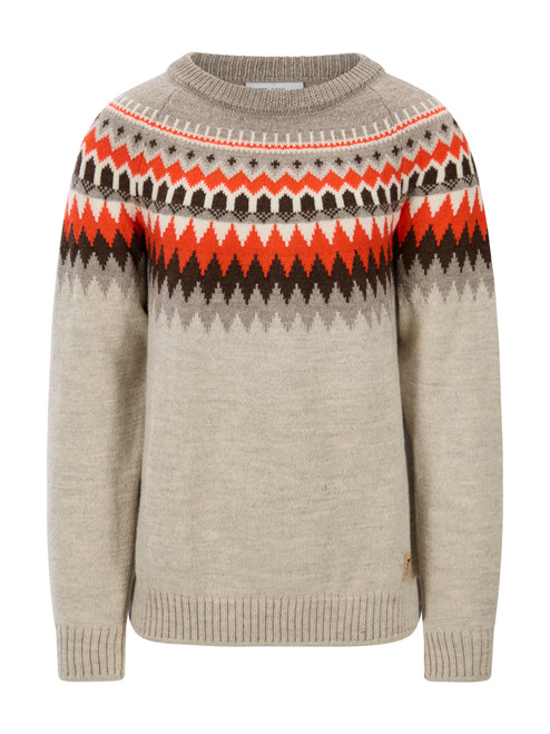 Dale of Norway - Losna Men's Crewneck Sweater: Birch Melange/Vanilla Sugar/Orange (Roth Red), 964211-M00_product
Photo credits Dale of Norway
A chunky wool Norwegian knit with zigzag Fair Isle pattern