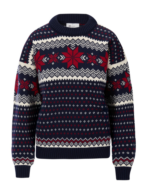 Dale of Norway - Egersund Women's Crewneck Sweater: Navy/Off White/Red Rose, 96381-C00_Product
Norwegian wool holiday sweater with traditional Nordic pattern and crew neck.
Photo credits: Dale of Norway