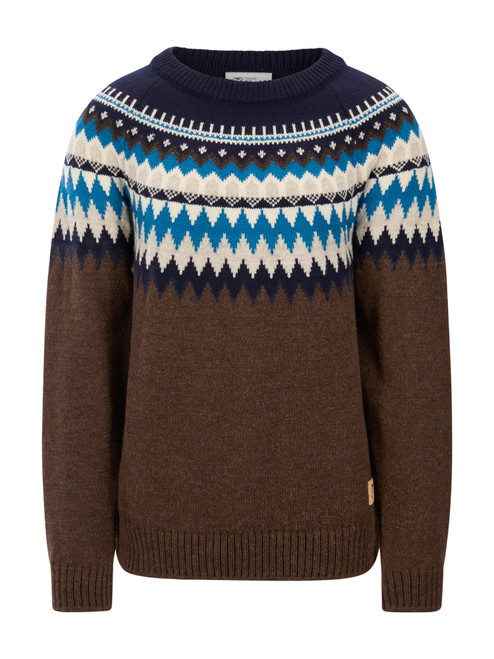 Dale of Norway - Losna Men's Crewneck Sweater: Coffee/Navy/Arctic Blue, 964211-M01_Product
Photo credits:Dale of Norway
A heavyweight Norwegian wool sweater with zigzag Fair Isle-inspired Nordic pattern and crew neck design.