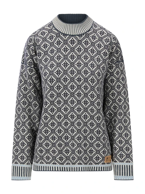 Dale of Norway - Langoy Women's Crewneck Sweater: Navy/Off White/Steel, 96341-C00_Product
Photo credits: Dale of Norway
Featuring traditional Norwegian eight-petal rose pattern, soft merino wool construction, relaxed fit, crewneck design, and authentic Scandinavian craftsmanship.