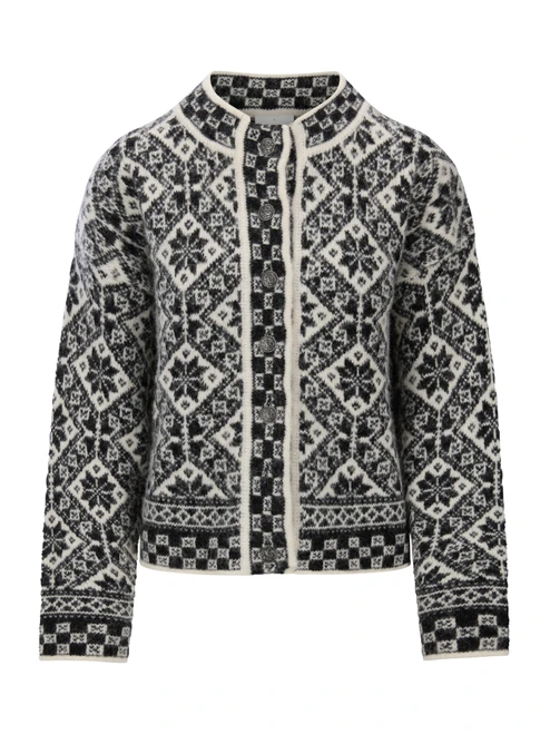 Dale of Norway - Sotra Alpa Women's Cardigan: Black/Off White, 85921-F00_Product
Photo credits: Dale of Norway
Featuring traditional Sotra rose pattern, button-front closure, relaxed fit, alpaca and Norwegian wool blend, and authentic Scandinavian knitwear craftsmanship.