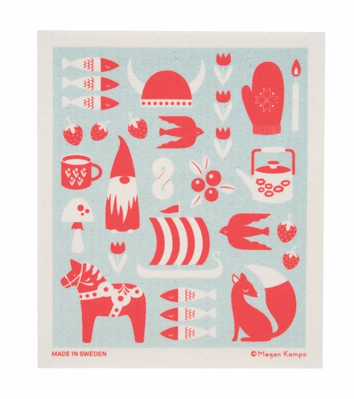 Swedish Dishcloth - MK Nordic Icons, 223.40, Cose Nuove, Blue background with classic Nordic images in red and white. Dala Horse, Mittens, Viking Ship, Viking Helmet, Tomte, Skis, Fox, Folk Art
