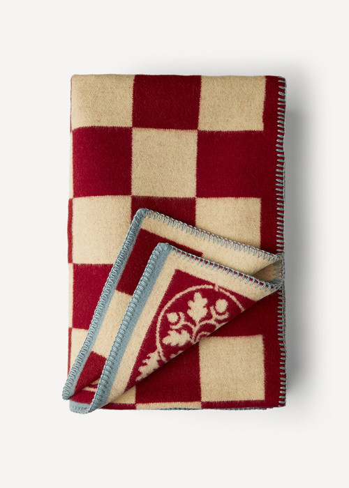 Oleana Blanket with Squares and Floral Pattern, 201A Red