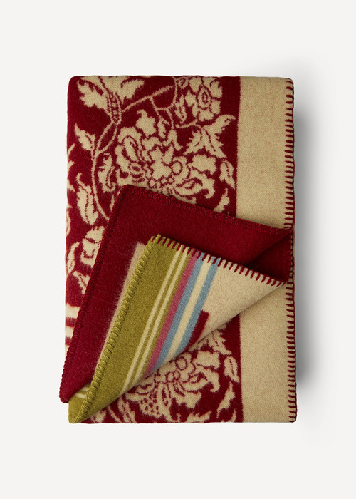 Oleana Blanket with Floral Pattern and Accent Stripes, 203A Red