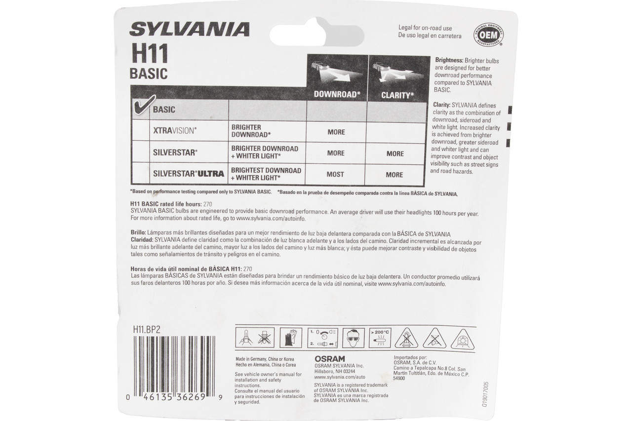 Sylvania Basic Twin Headlight H11 Fits 2008-2022 Chrysler Minivans Model H11.BP2