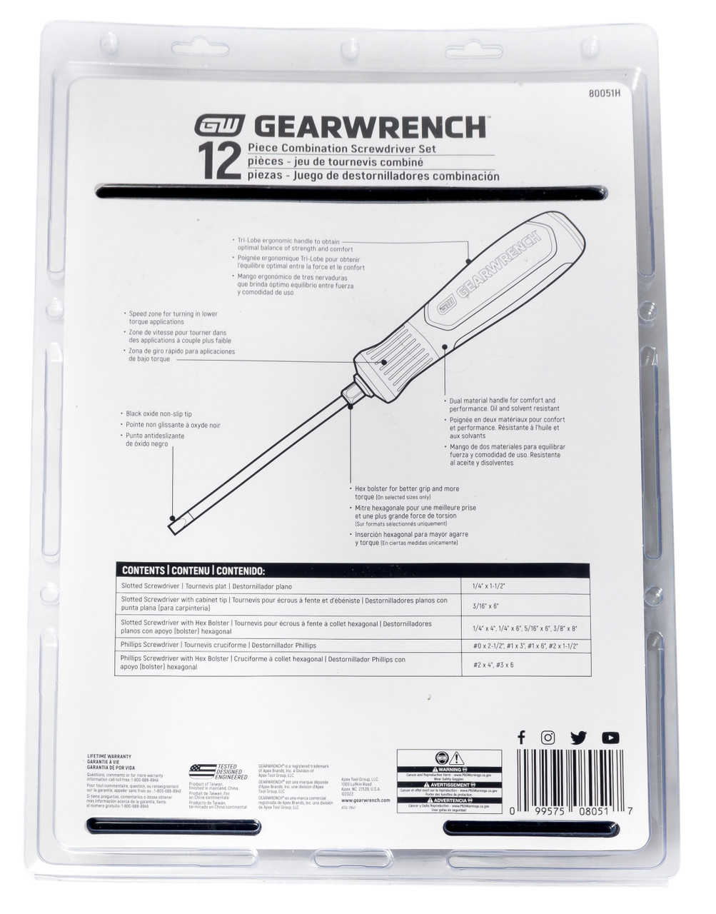 Apex Tool Group GearWrench 12 PC Combination Screwdriver Set Model Number 80051H
