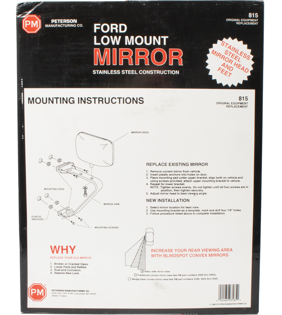 Peterson Low Mount Mirror Stainless Steel Fits Ford Pickups Vans Part Number 815