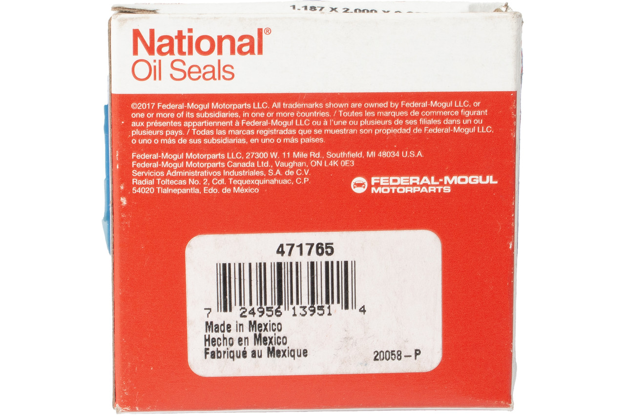 Federal Mogul National Oil Seal 1.187" ID 2.004" OD 0.250" Thickness Part 471765 Federal Mogul National Oil Seal 1.187" ID 2.004" OD 0.250" Thickness Part 471765