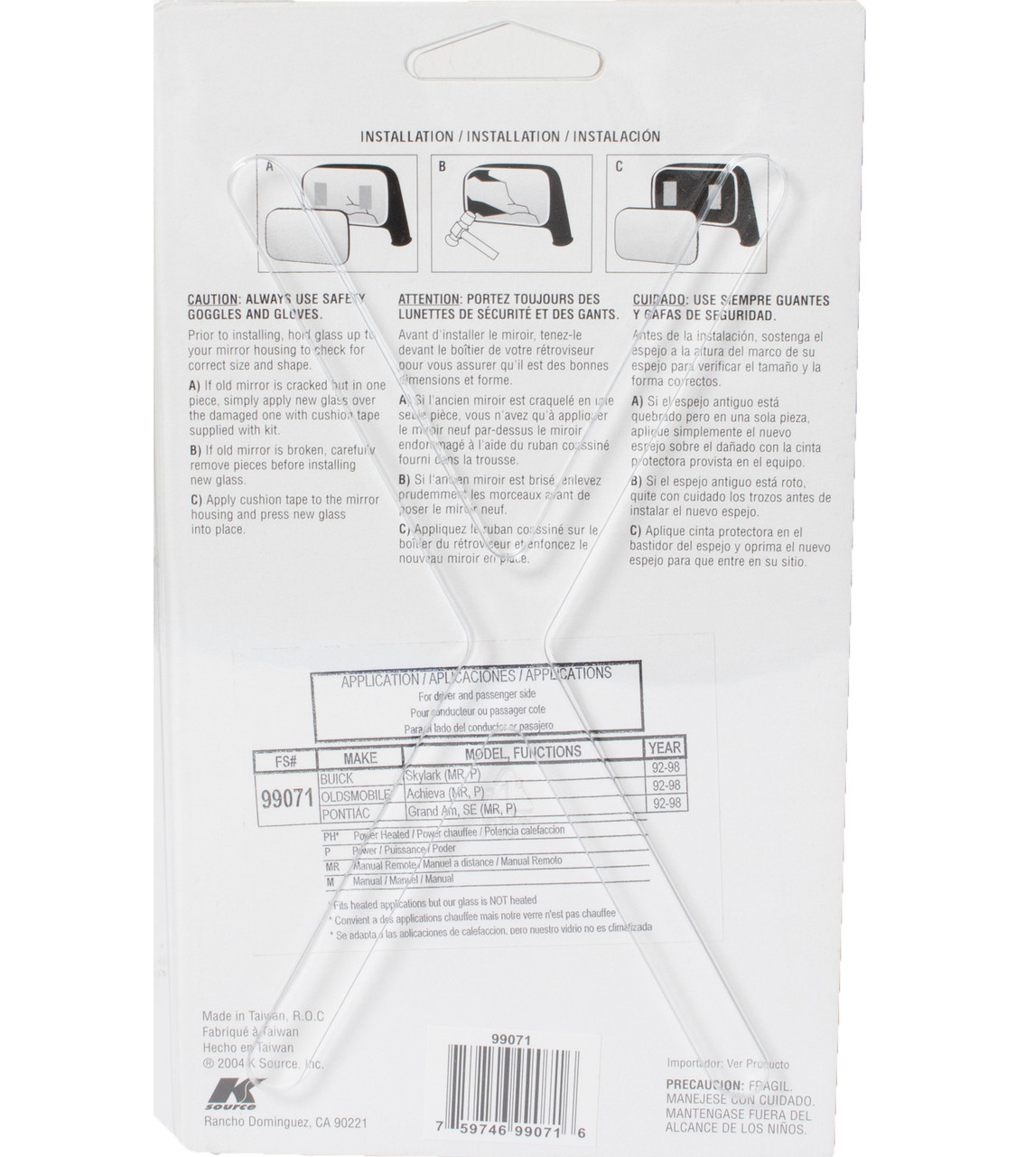 K Source Left Mirror Glass Fits 92-98 Pontiac Grand Am Buick Skylark Model 99071