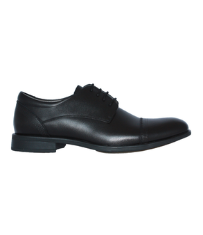 Side view of the EXPAND black Derby showing almond toe and polished finish.
