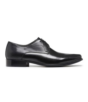Side view of the KEEN black Derby showing smooth vamp and polished upper.