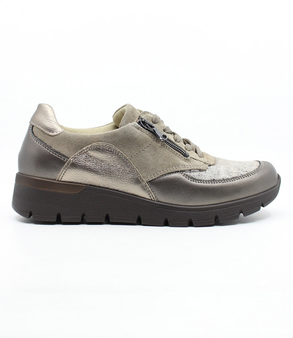 Side view of the RAMONA 02 showing the beige/bronze leather upper, rounded toe and low-profile sole.