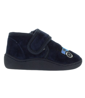 Navy kids slipper with tractor motif and velcro strap