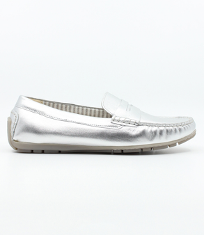 Metallic-sheen moccasin slip-on with penny trim and raised heel, silver finish.
