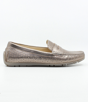 Perforated leather loafer with cushioned insole and raised rubber heel, bronze finish.
