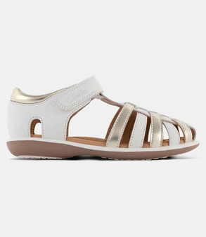 White and gold metallic toddler cage-toe sandal with closed heel and single self-fastening strap