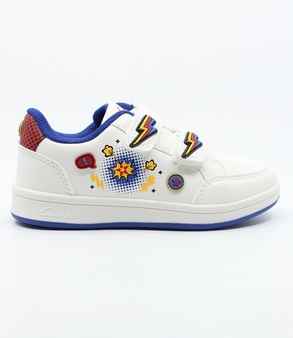 White multi kids sneaker with colourful upper and dual straps