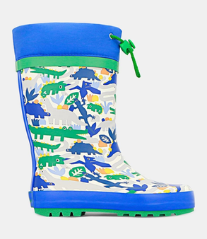 Blue and green kids gumboot with dinosaur print, toggle fastening and green sole