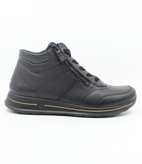 Schwarz leather ankle boot with lace-up front and dual zips